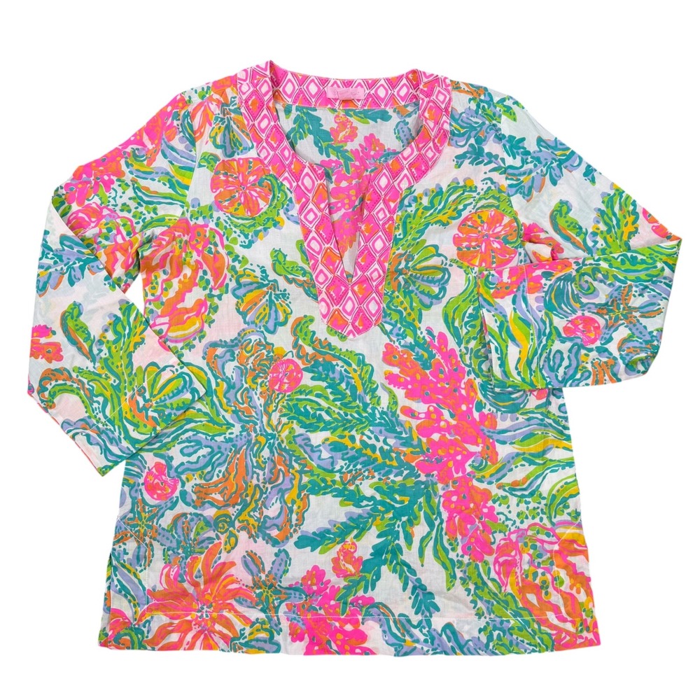 Lilly Pulitzer Womens Floral Multi Color Notch Neck Cotton Tunic Top Size M